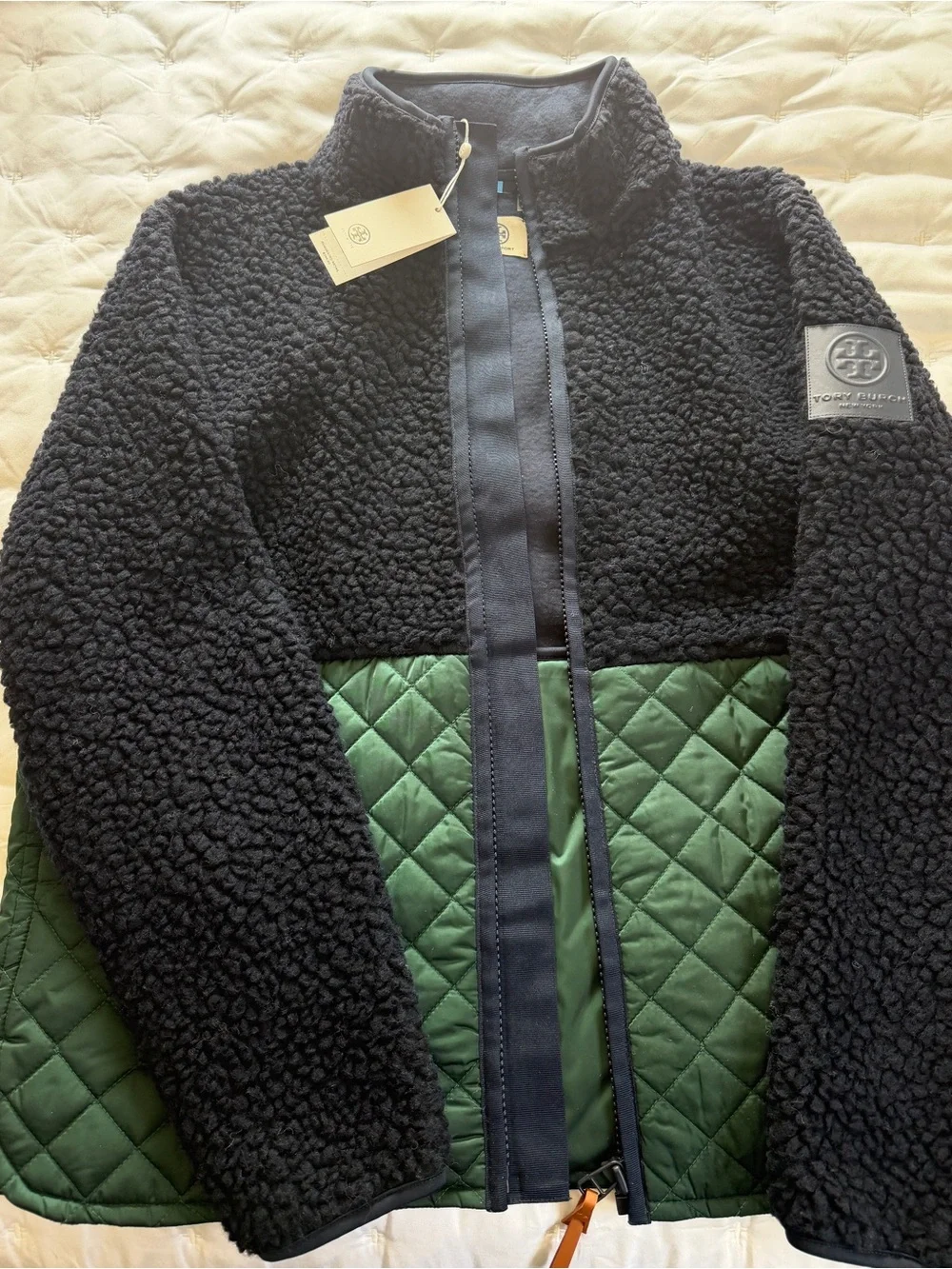 NWT Tory Burch Sherpa Fleece Quilted Jacket - Navy and Forest Green